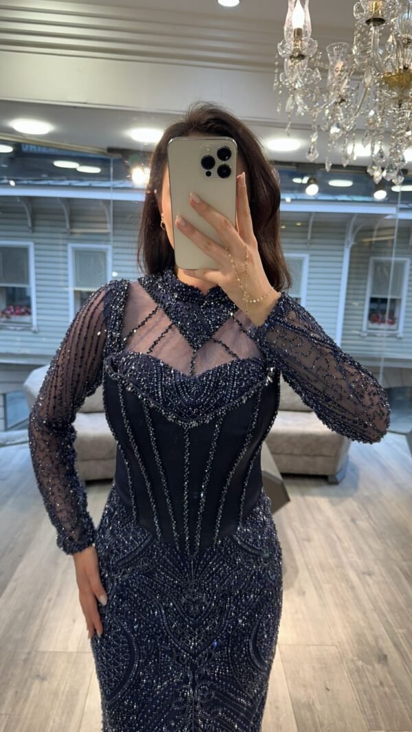 Navy Blue Illusion Neck Long Sleeve Beaded Evening Dress Navy Blue Illusion Neck Long Sleeve Beaded Evening Dress