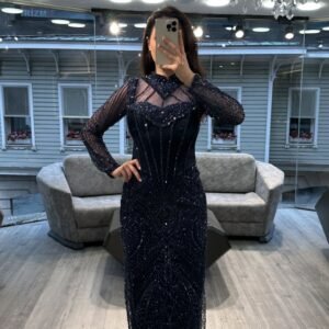 Navy Blue Illusion Neck Long Sleeve Beaded Evening Dress Navy Blue Illusion Neck Long Sleeve Beaded Evening Dress