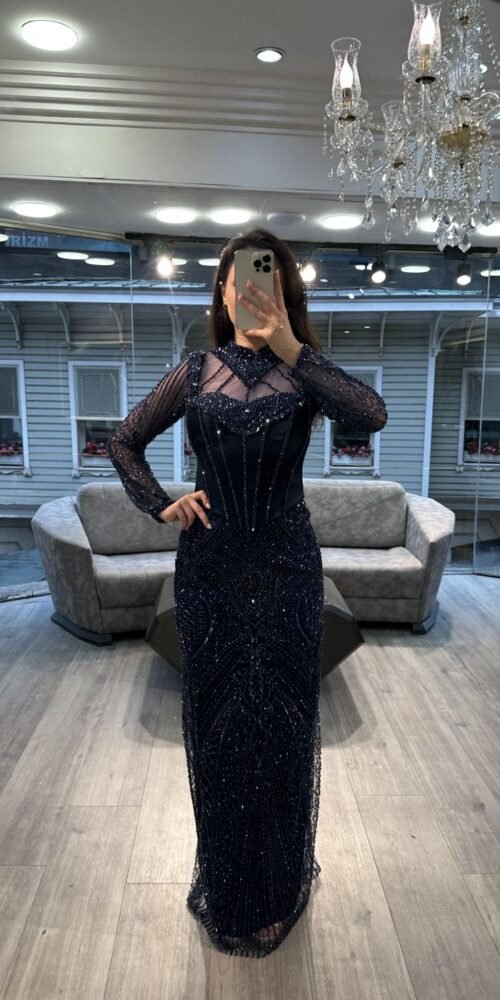 Navy Blue Illusion Neck Long Sleeve Beaded Evening Dress