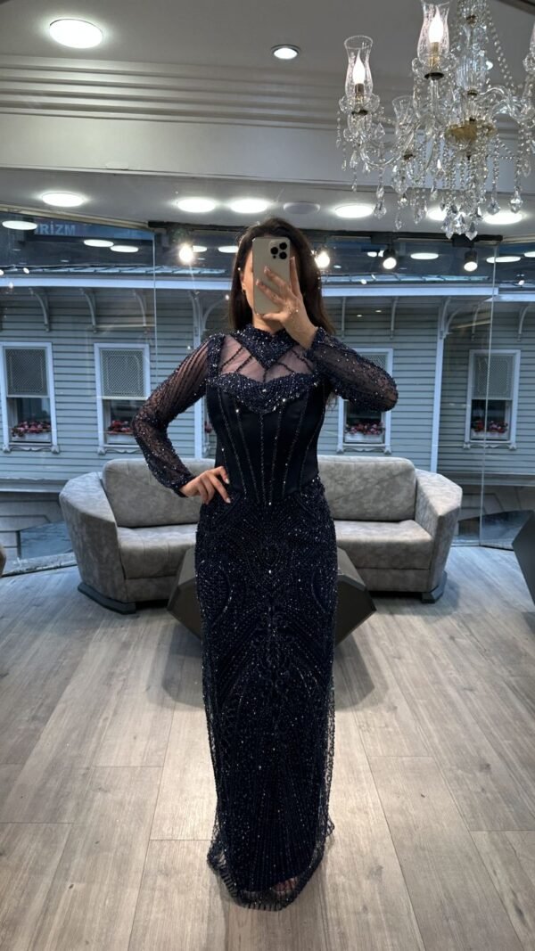 Navy Blue Illusion Neck Long Sleeve Beaded Evening Dress Navy Blue Illusion Neck Long Sleeve Beaded Evening Dress