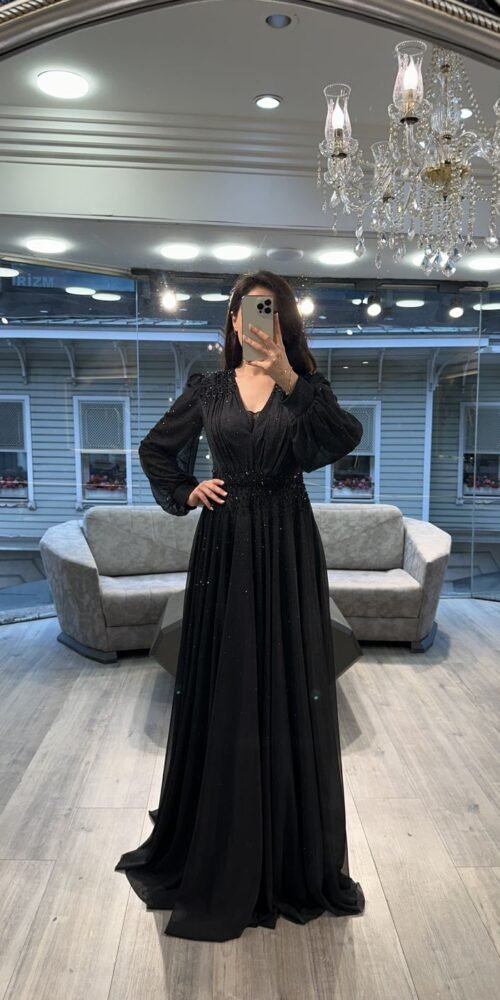 Navy Blue V Neck Chiffon Long Sleeve Evening Dress