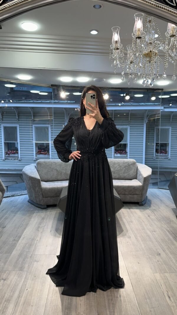 Navy Blue V Neck Chiffon Long Sleeve Evening Dress