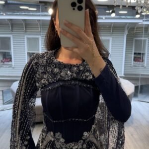 Navy Long Sleeve Corset Beaded Evening Gown With Cape