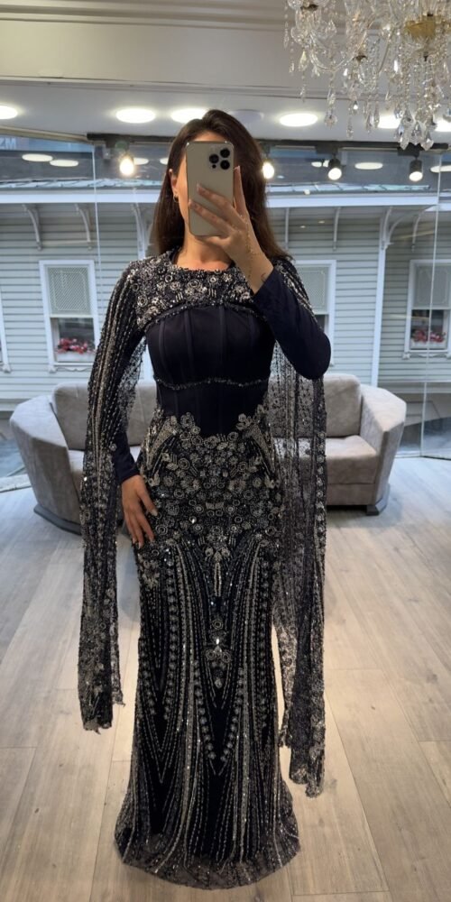Navy Long Sleeve Corset Beaded Evening Gown With Cape