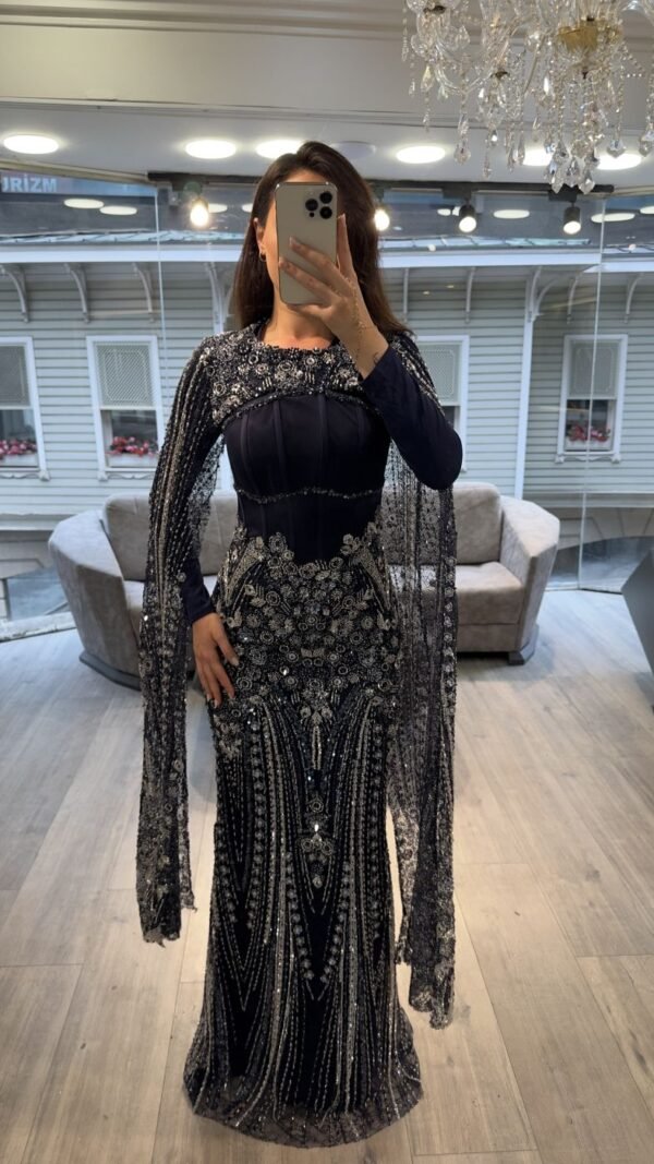 Navy Long Sleeve Corset Beaded Evening Gown With Cape