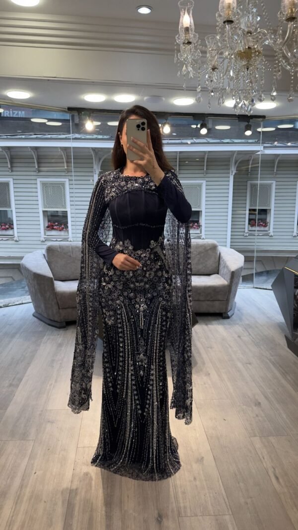 Navy Long Sleeve Corset Beaded Evening Gown With Cape