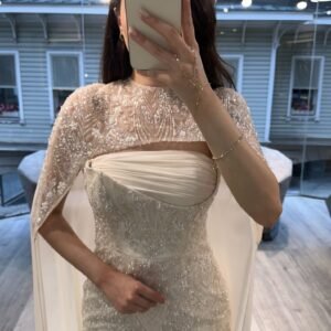 Off White Strapless Sequin Evening Gown With Beaded Cape Off White Strapless Sequin Evening Gown With Beaded Cape