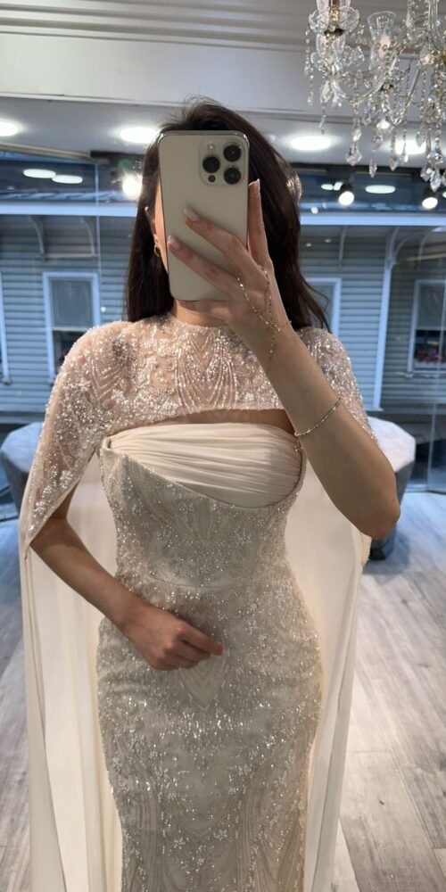 Off White Strapless Sequin Evening Gown With Beaded Cape