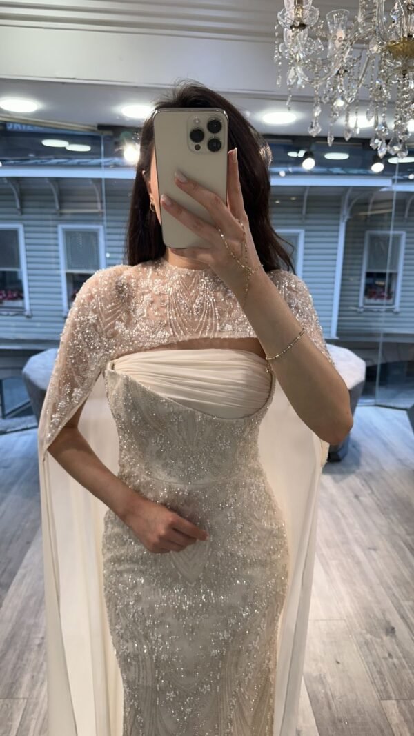 Off White Strapless Sequin Evening Gown With Beaded Cape Off White Strapless Sequin Evening Gown With Beaded Cape