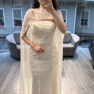 Off White Strapless Sequin Evening Gown With Beaded Cape Off White Strapless Sequin Evening Gown With Beaded Cape