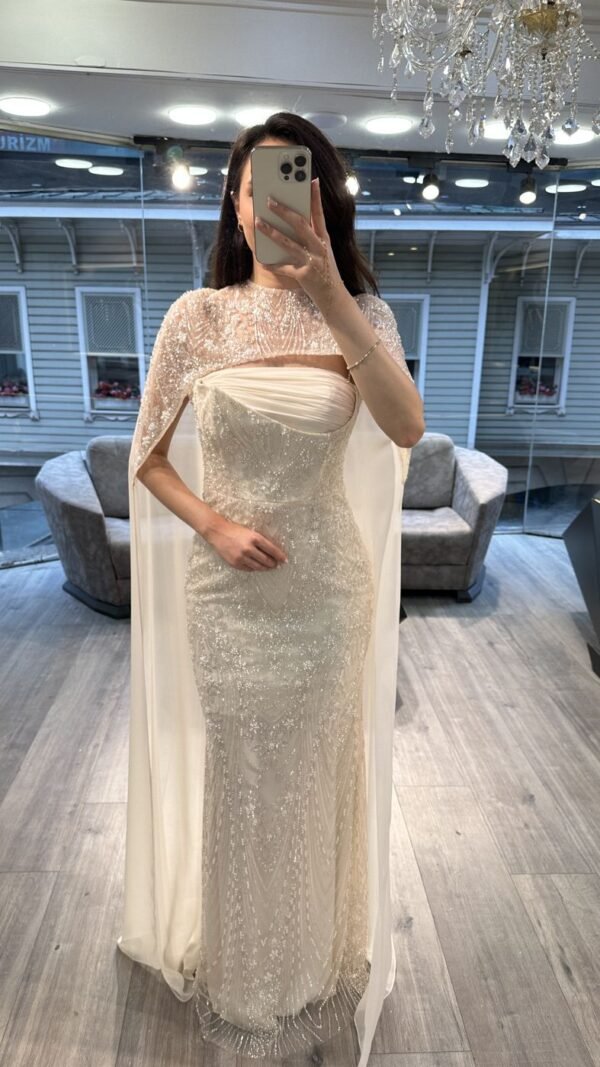 Off White Strapless Sequin Evening Gown With Beaded Cape Off White Strapless Sequin Evening Gown With Beaded Cape