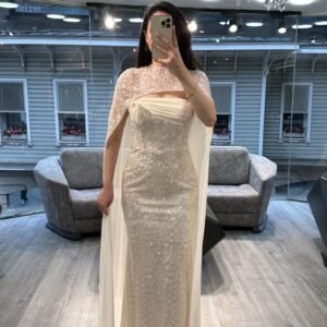 Off White Strapless Sequin Evening Gown With Beaded Cape Off White Strapless Sequin Evening Gown With Beaded Cape