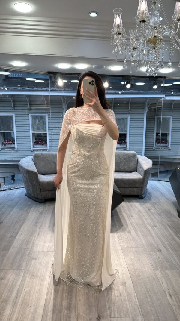 Off White Strapless Sequin Evening Gown With Beaded Cape Off White Strapless Sequin Evening Gown With Beaded Cape
