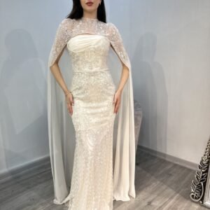 Off White Strapless Sequin Evening Gown With Beaded Cape Off White Strapless Sequin Evening Gown With Beaded Cape