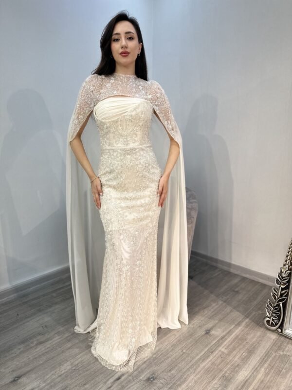 Off White Strapless Sequin Evening Gown With Beaded Cape Off White Strapless Sequin Evening Gown With Beaded Cape