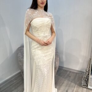 Off White Strapless Sequin Evening Gown With Beaded Cape Off White Strapless Sequin Evening Gown With Beaded Cape