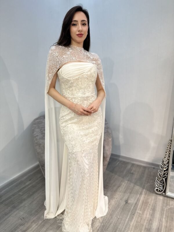 Off White Strapless Sequin Evening Gown With Beaded Cape Off White Strapless Sequin Evening Gown With Beaded Cape
