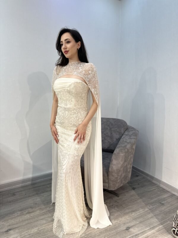 Off White Strapless Sequin Evening Gown With Beaded Cape Off White Strapless Sequin Evening Gown With Beaded Cape