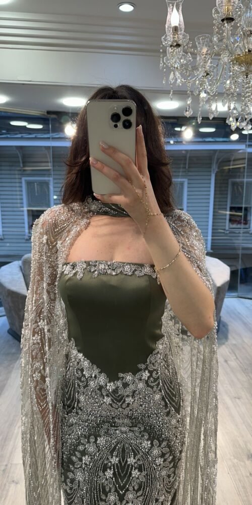 Olive Green Strapless Evening Dress With Silver Beaded Cape