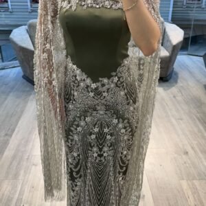 Olive Green Strapless Evening Dress With Silver Beaded Cape
