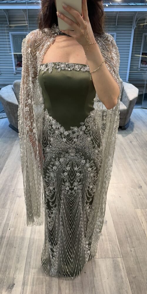 Olive Green Strapless Evening Dress With Silver Beaded Cape