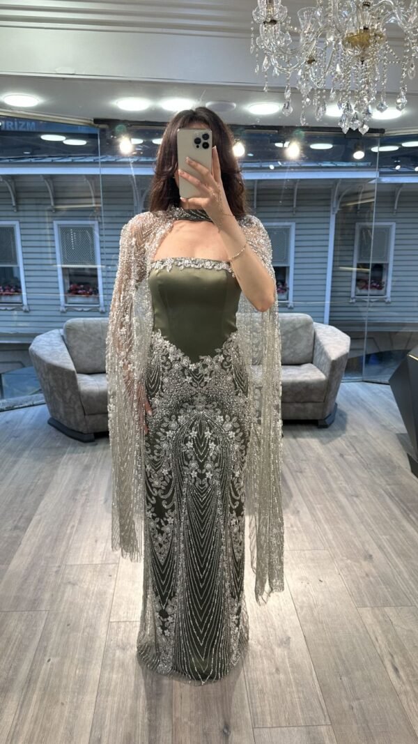 Olive Green Strapless Evening Dress With Silver Beaded Cape