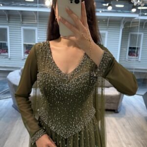 Olive Green V Neck Beaded Chiffon Evening Dress With Long Sleeves Olive Green V Neck Beaded Chiffon Evening Dress With Long Sleeves