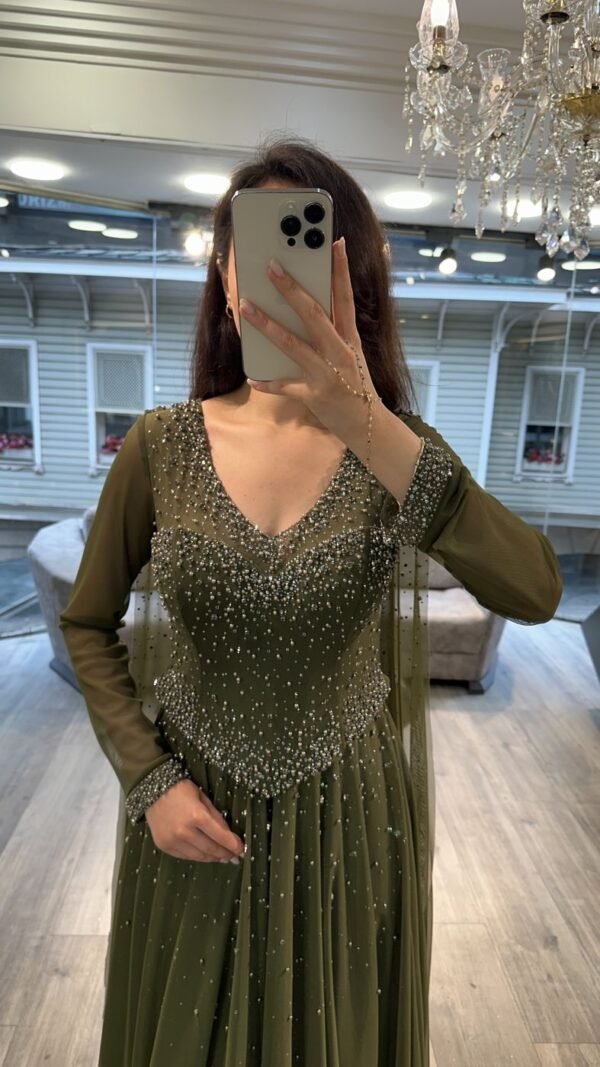 Olive Green V Neck Beaded Chiffon Evening Dress With Long Sleeves Olive Green V Neck Beaded Chiffon Evening Dress With Long Sleeves