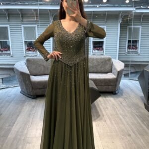 Olive Green V Neck Beaded Chiffon Evening Dress With Long Sleeves Olive Green V Neck Beaded Chiffon Evening Dress With Long Sleeves