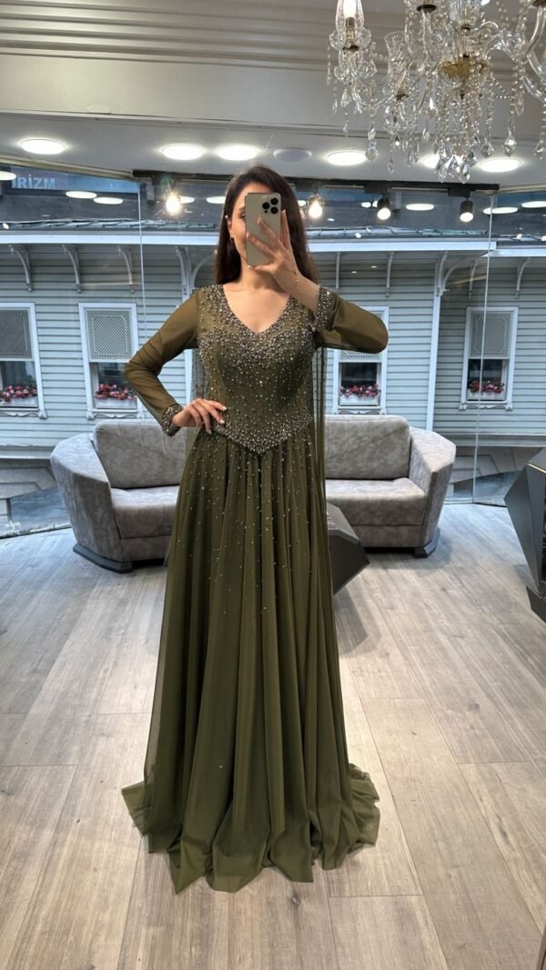 Olive Green V Neck Beaded Chiffon Evening Dress With Long Sleeves Olive Green V Neck Beaded Chiffon Evening Dress With Long Sleeves