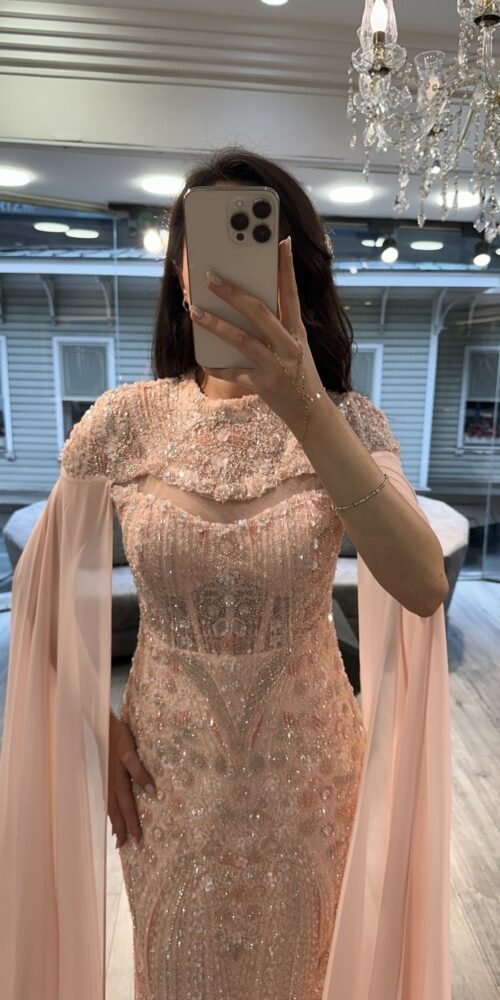 Peach Beaded Evening Dress With Chiffon Cape Sleeves Peach Beaded Evening Dress With Chiffon Cape Sleeves