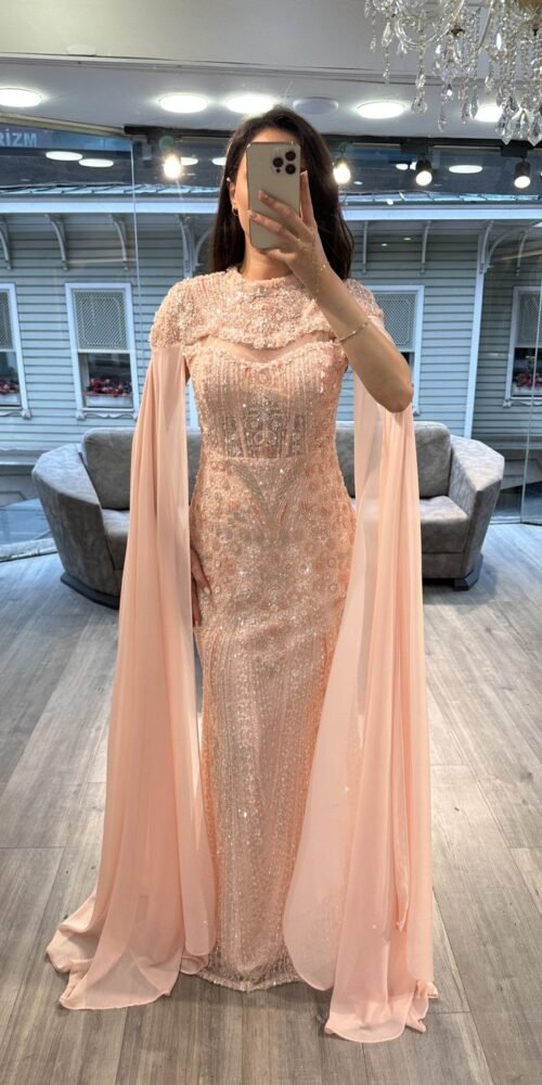 Peach Beaded Evening Dress With Chiffon Cape Sleeves