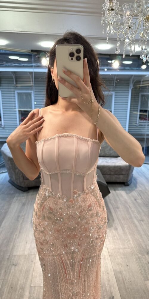 Peach Corset Beaded Mermaid Evening Dress With Thin Straps