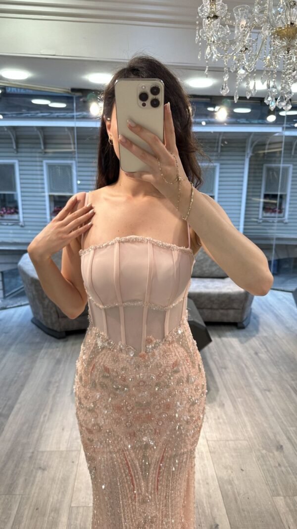 Peach Corset Beaded Mermaid Evening Dress With Thin Straps