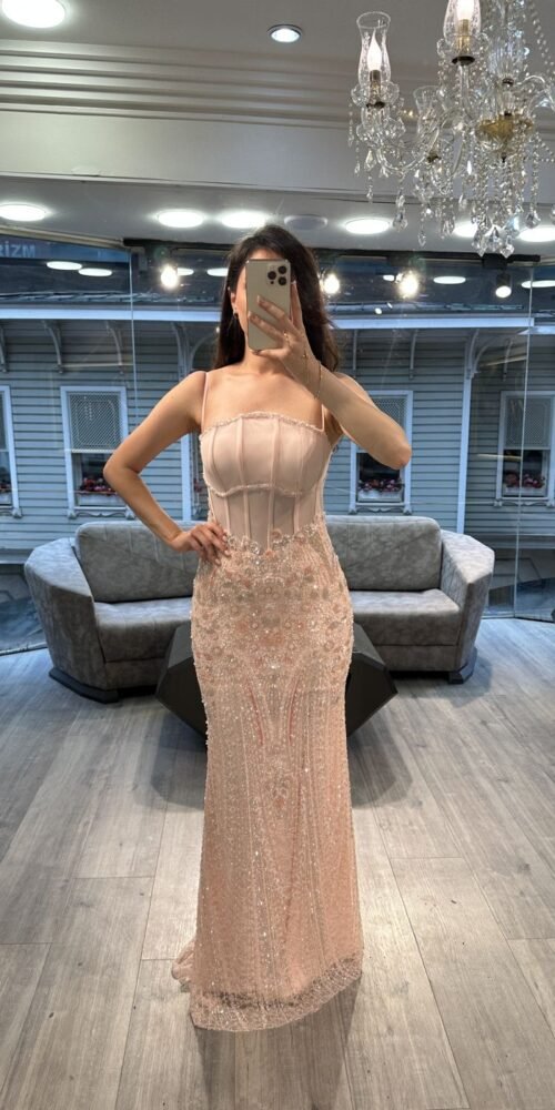 Peach Corset Beaded Mermaid Evening Dress With Thin Straps