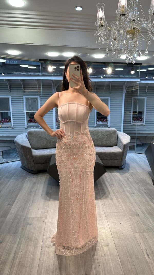 Peach Corset Beaded Mermaid Evening Dress With Thin Straps