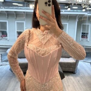 Peach Long Sleeve Corset Beaded Evening Dress Peach Long Sleeve Corset Beaded Evening Dress