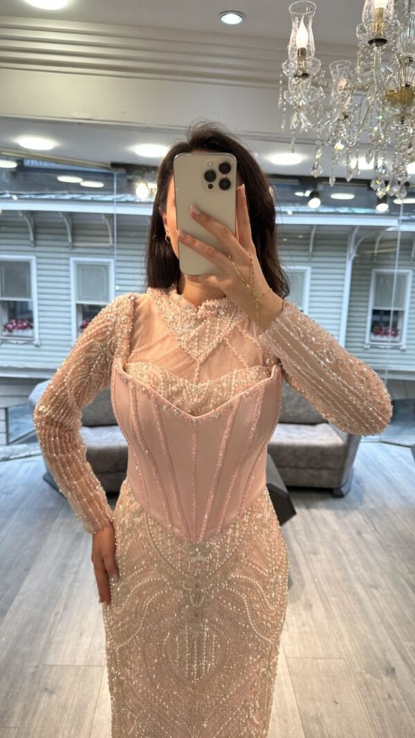 Peach Long Sleeve Corset Beaded Evening Dress Peach Long Sleeve Corset Beaded Evening Dress
