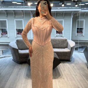 Peach Long Sleeve Corset Beaded Evening Dress Peach Long Sleeve Corset Beaded Evening Dress