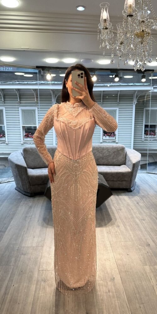 Peach Long Sleeve Corset Beaded Evening Dress