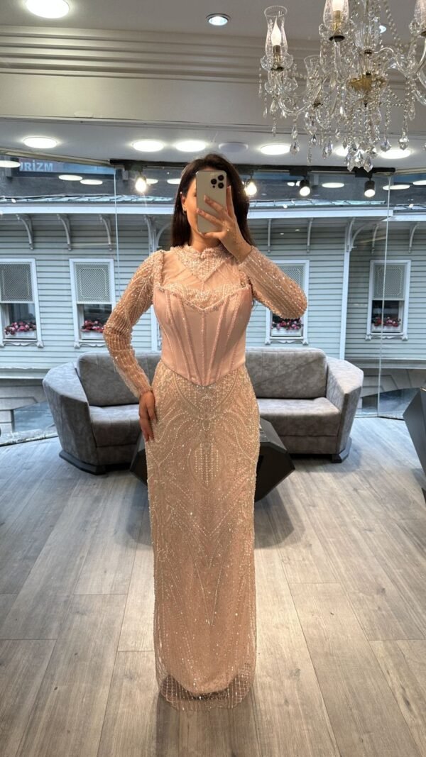 Peach Long Sleeve Corset Beaded Evening Dress Peach Long Sleeve Corset Beaded Evening Dress