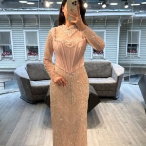 Peach Long Sleeve Corset Beaded Evening Dress Peach Long Sleeve Corset Beaded Evening Dress