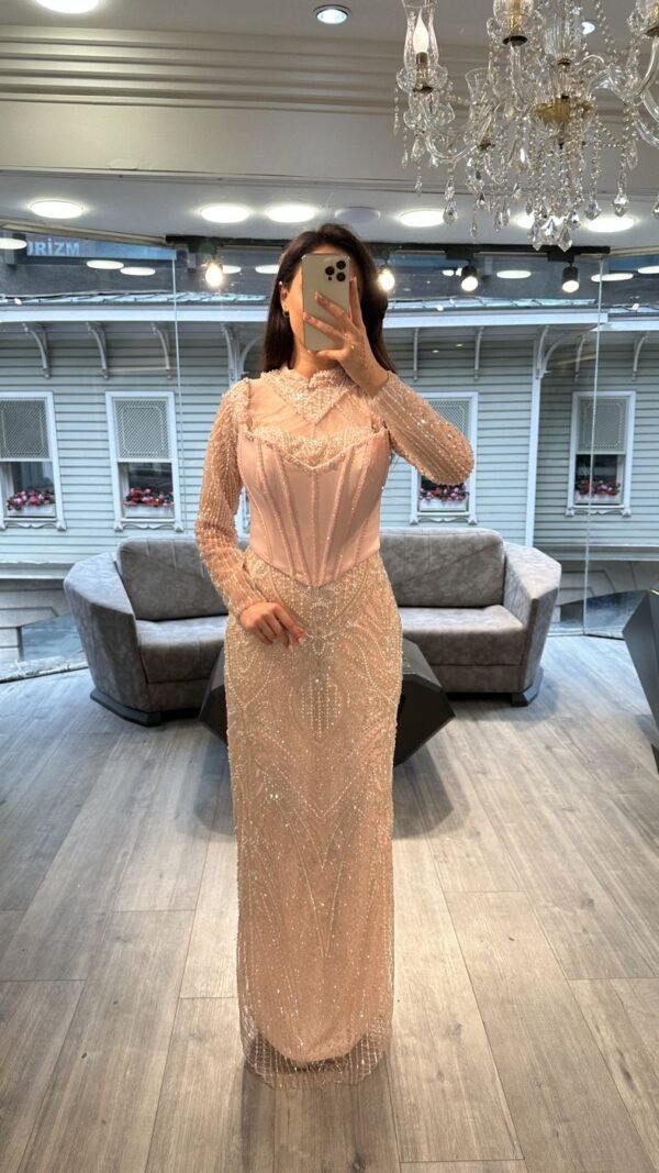 Peach Long Sleeve Corset Beaded Evening Dress Peach Long Sleeve Corset Beaded Evening Dress