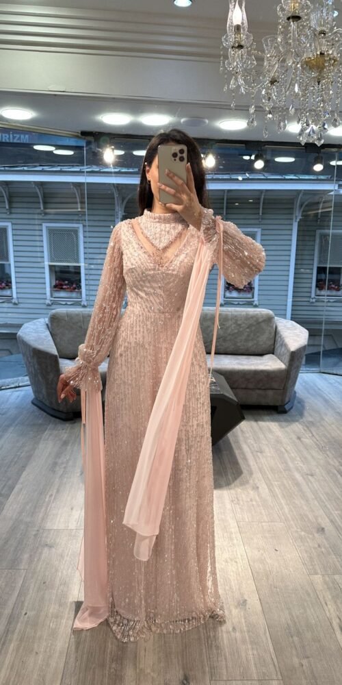 Pink Beaded Evening Dress With Sheer Balloon Sleeves