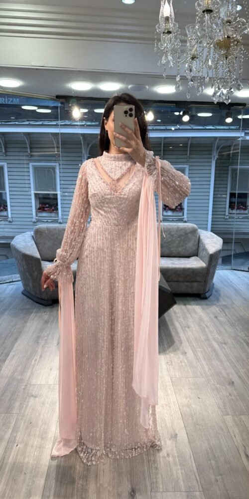 Pink Beaded Evening Dress With Sheer Balloon Sleeves