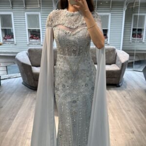 Powder Blue Embellished Evening Gown With Chiffon Cape Sleeves