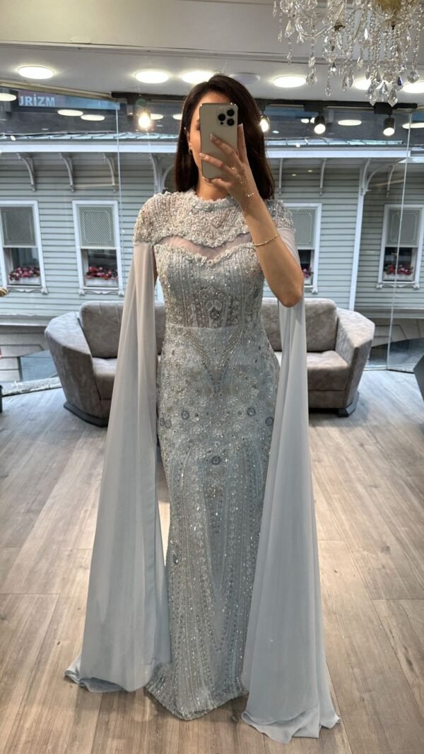 Powder Blue Embellished Evening Gown With Chiffon Cape Sleeves
