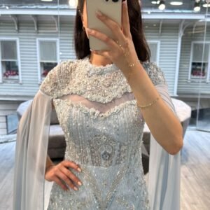 Powder Blue Embellished Evening Gown With Chiffon Cape Sleeves