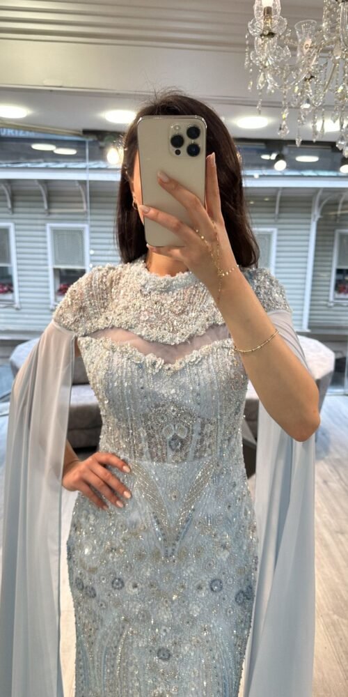 Powder Blue Embellished Evening Gown With Chiffon Cape Sleeves