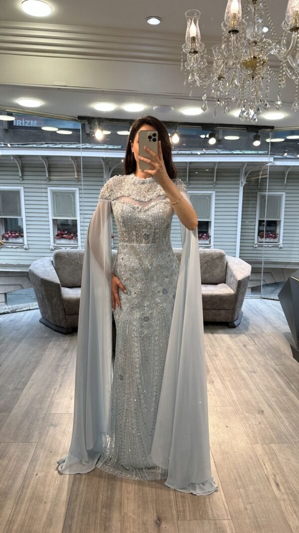 Powder Blue Embellished Evening Gown With Chiffon Cape Sleeves